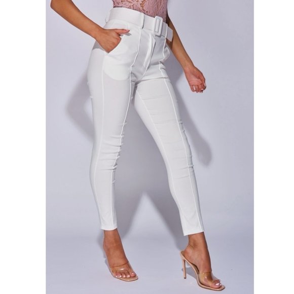 White High Waist Buckle Belt Tapered Cropped Straight Leg Ankle Pants - Picture 5 of 14